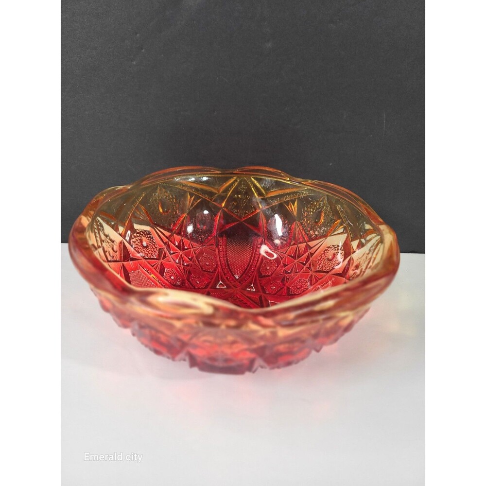 Vtg Jeannette Footed Fruit Bowl Mid Century Pressed Glass Amberina Red Fire 1960